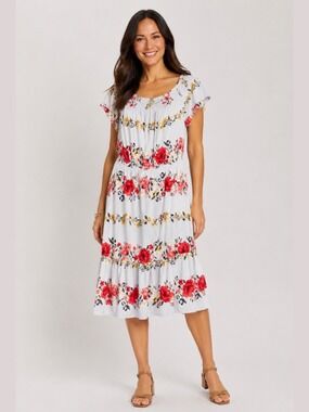OLD NAVY 100% Rayon Floral Rose Print on Pale Grey Background Tiered Midi Dress